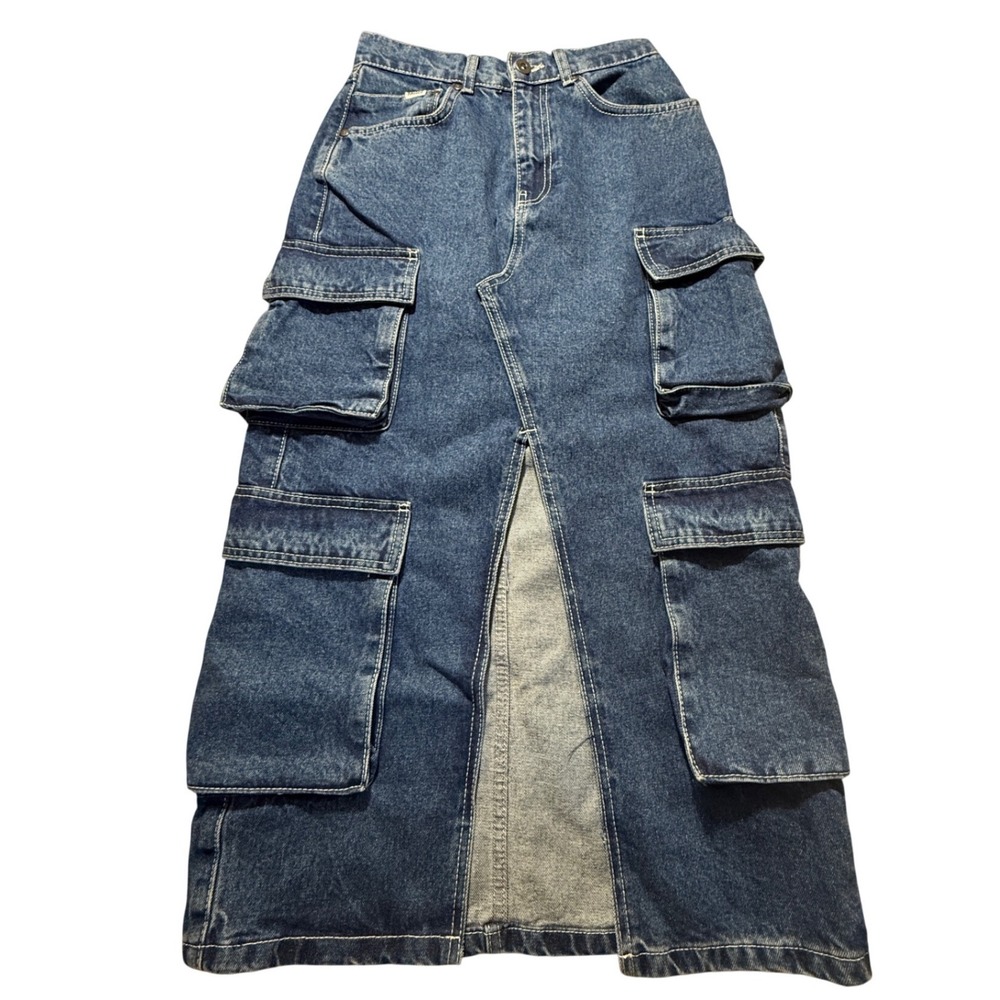 The Ragged Priest Ragged Jeans Cargo Denim Maxi Skirt Blue 24 Y2K Streetwear